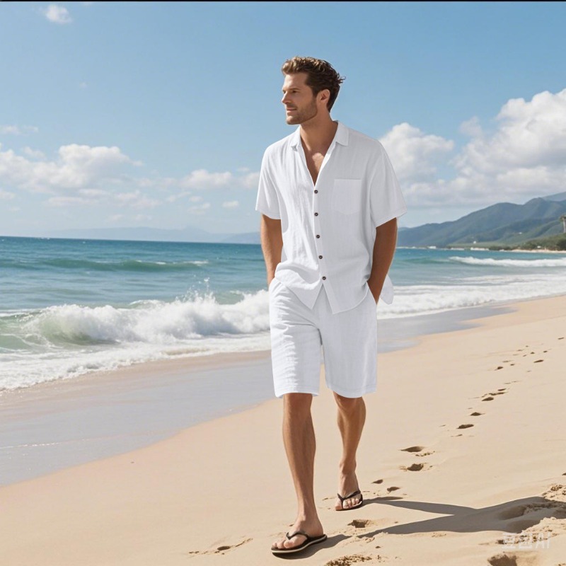 Linen Shirt Summer - Setelan Kemeja Kerah Camp dan Celana