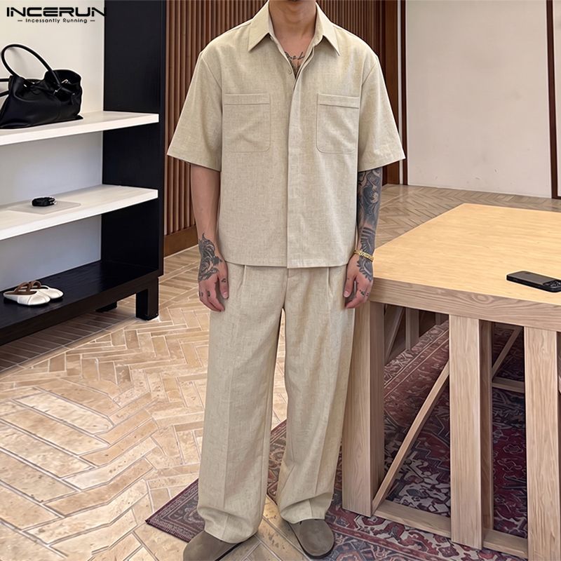 Track Suit Men - INCERUN Setelan Pria Polos Berkerah Kemeja