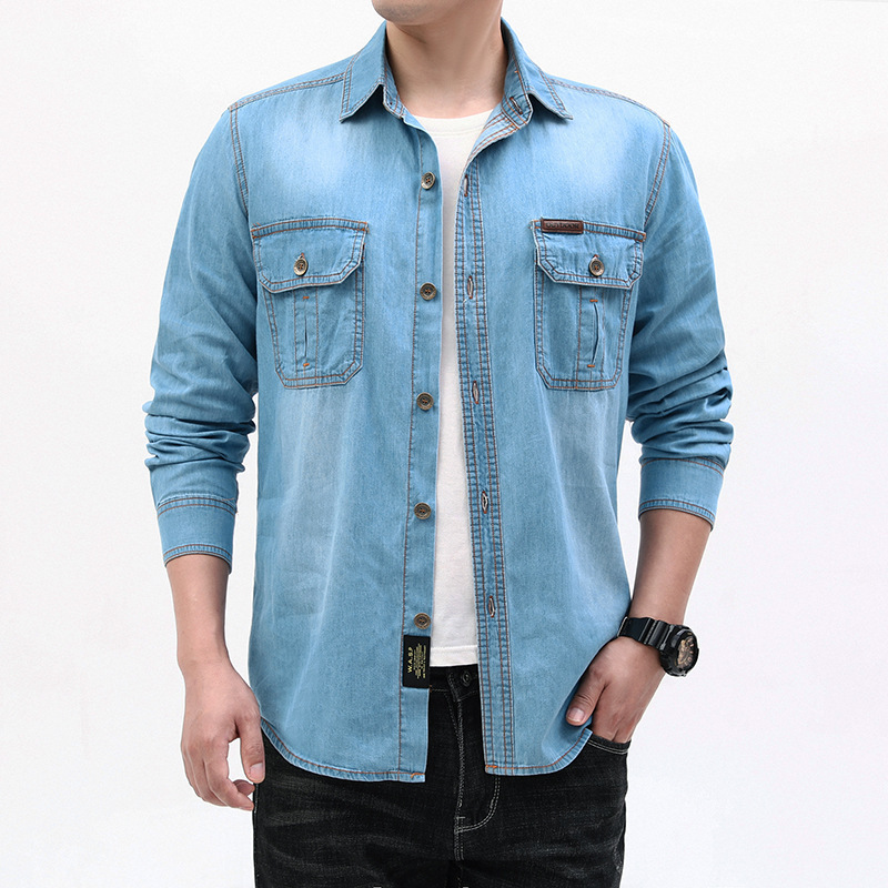 Kemeja Denim Kasual Lengan Pan - Jeans Shirt Fashion For Men ulasan dan harga