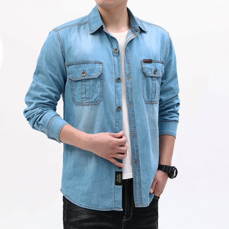 Kemeja Denim Kasual Lengan Pan - Jeans Shirt Fashion For Men ulasan dan harga