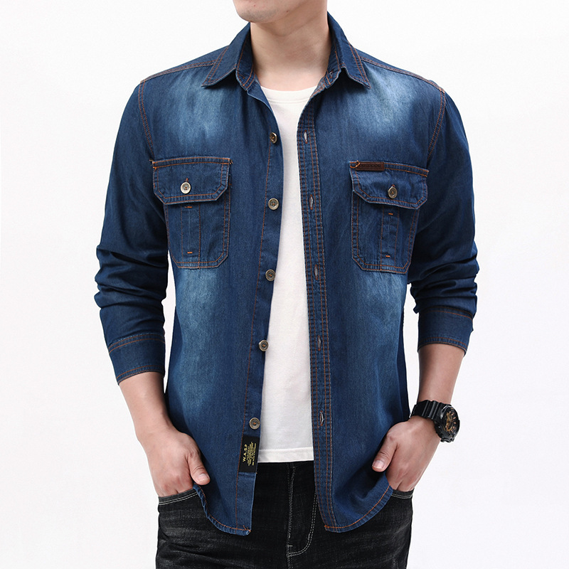 Kemeja Denim Kasual Lengan Pan - Jeans Shirt Fashion For Men ulasan dan harga